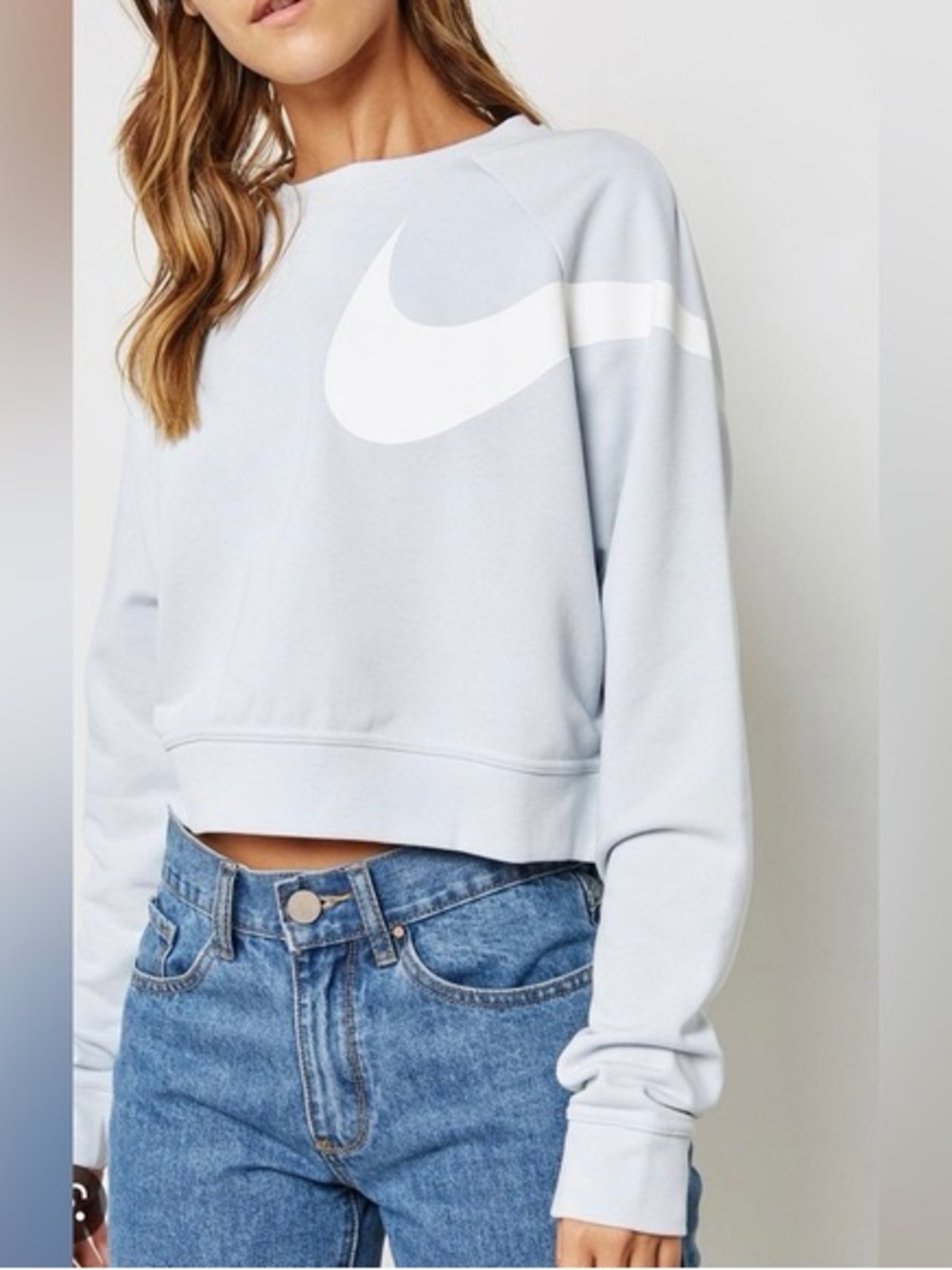 Nike Women's Pale Blue Cropped Swoosh Pullover